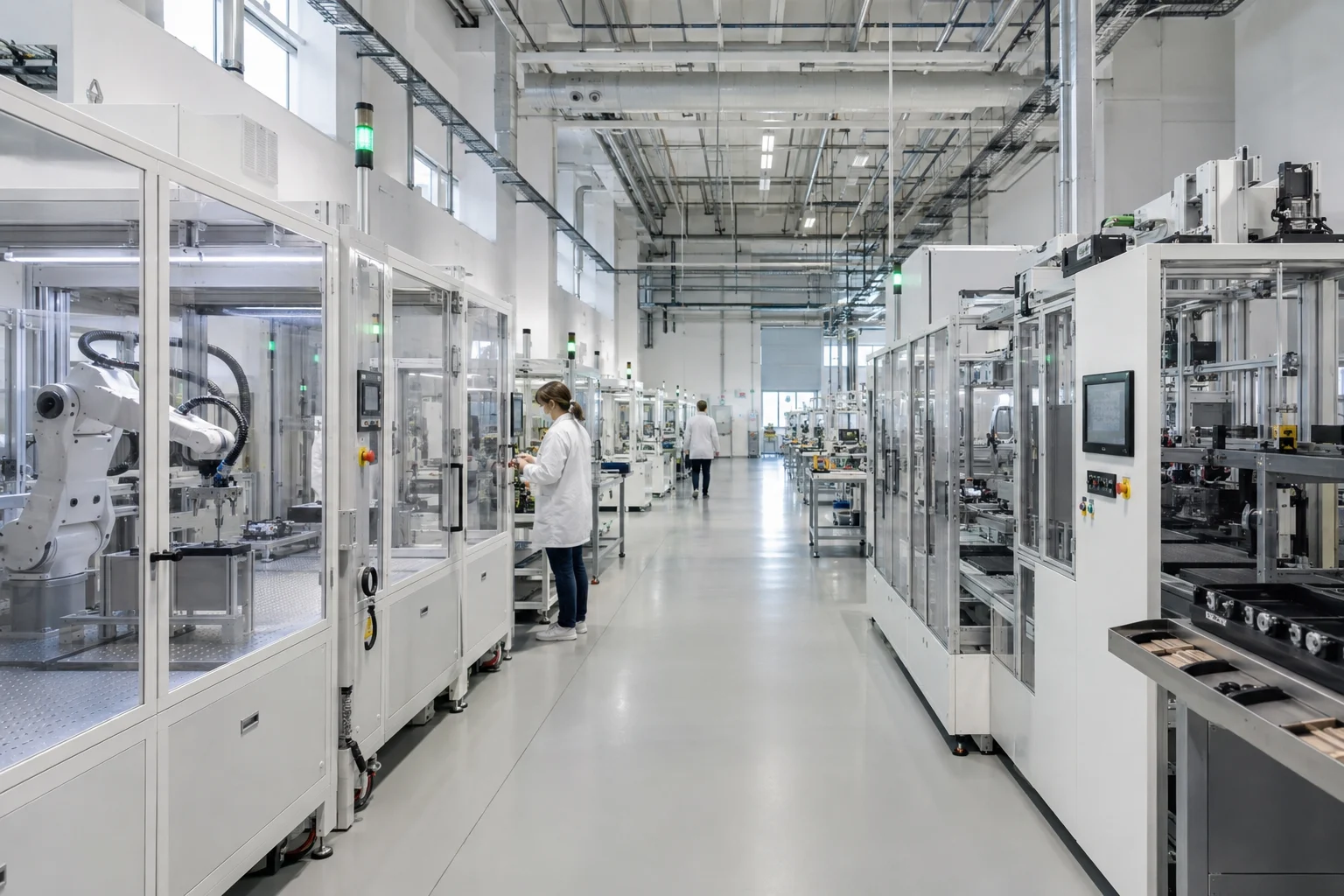 Illustrative clean manufacturing hall with organized production equipment.