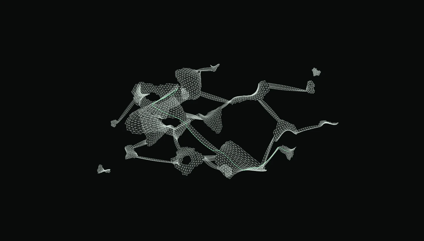A spatial landscape of connected configuration regions, with one reachable route highlighted in mint.